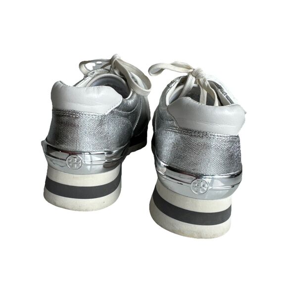 Tory Burch Sawtooth Logo Sneaker Size 7.5 Metallic Canvas Napa Leather Silver - Picture 6 of 12